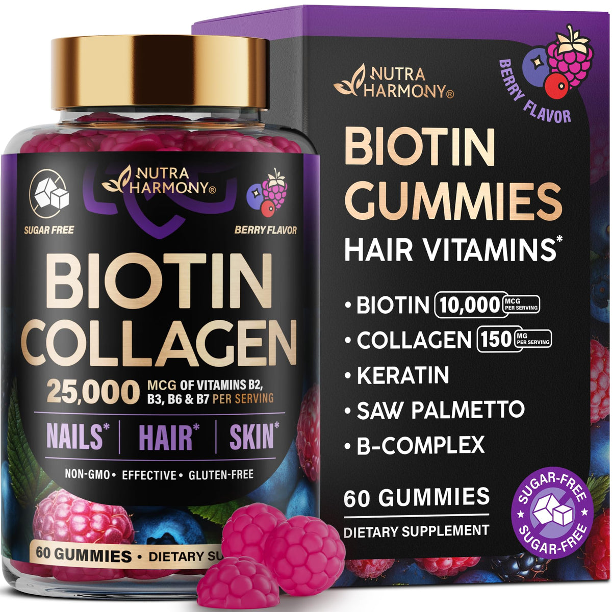 Biotin Gummies with Collagen - Hair Growth Support Skin, & Nail Strength - for Women & Men - Biotin 10000mcg | Keratin | Hyaluronic Acid | B-Complex | Saw Palmetto - FENGGESTORE20