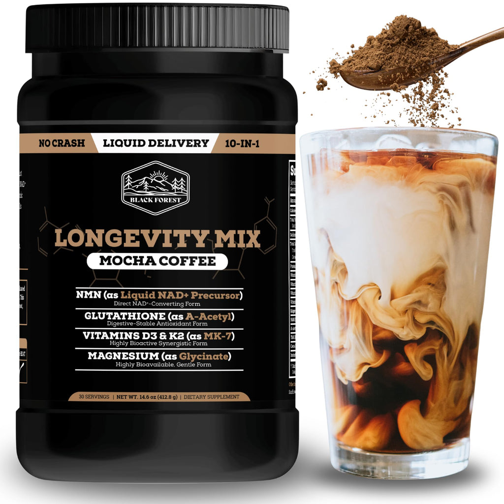 Black Forest Longevity Mix Liquid NAD+ Alternative Mocha Coffee 10-in-1 with NMN 250mg, Glutathione 250mg, TMG, Magnesium Glycinate, Vitamins D3 K2 C B12, High Polyphenol Cocoa, 30 Servings - FENGGESTORE20