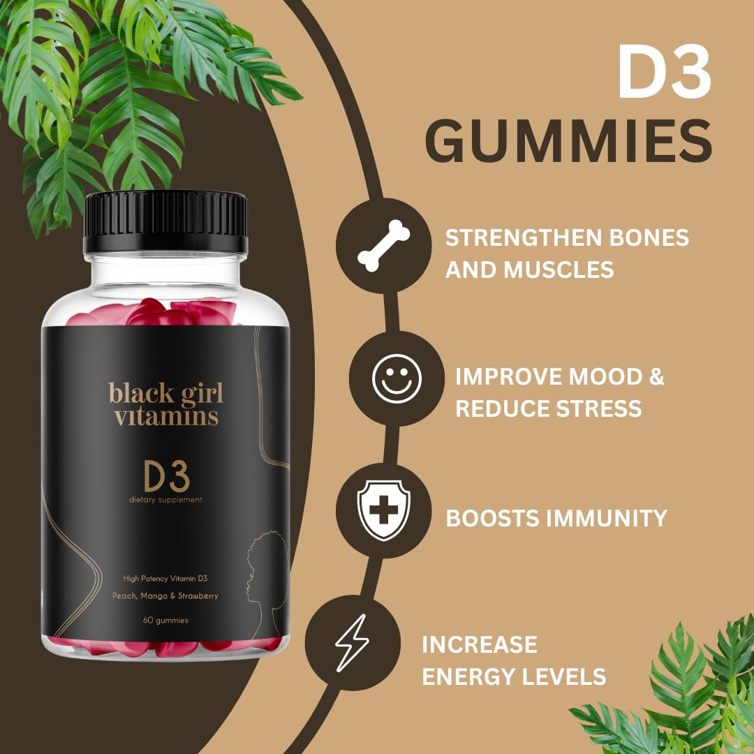 Black Girl Vitamins - Vitamin D3 Gummies, for Immune, Energy, and Bone Support, 2000IU (50mcg) Vitamin D per Serving - FENGGESTORE20