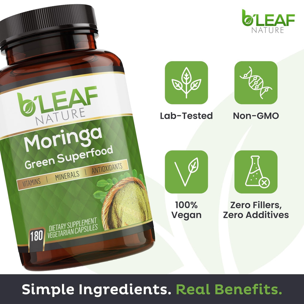 B'Leaf Nature Moringa Capsules Organic 1000mg — Pure Moringa Oleifera Leaf Powder Capsules for Energy & Immune Support - FENGGESTORE20