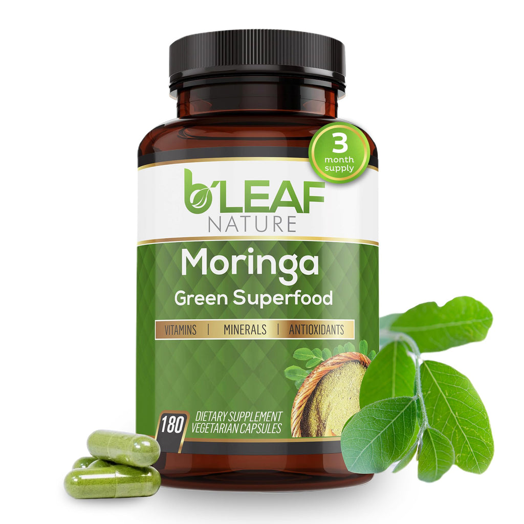B'Leaf Nature Moringa Capsules Organic 1000mg — Pure Moringa Oleifera Leaf Powder Capsules for Energy & Immune Support - FENGGESTORE20