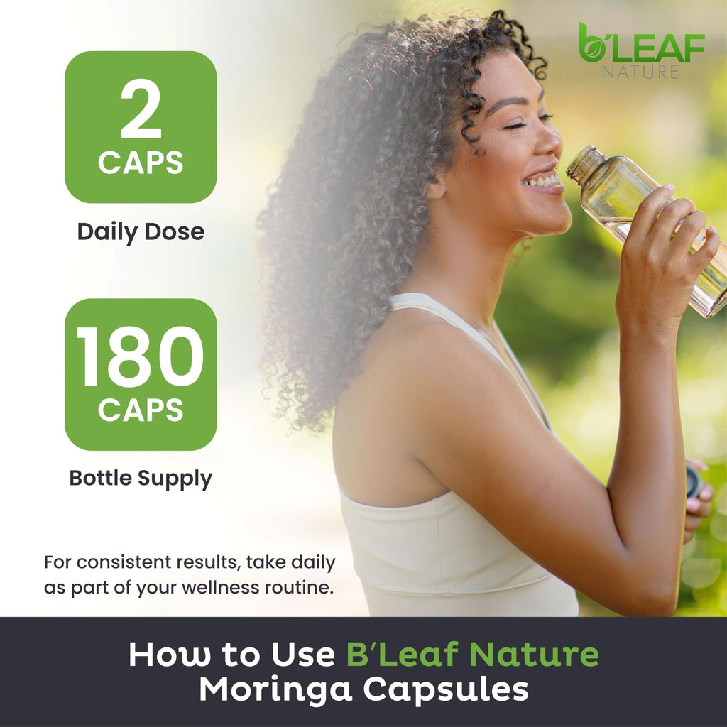 B'Leaf Nature Moringa Capsules Organic 1000mg — Pure Moringa Oleifera Leaf Powder Capsules for Energy & Immune Support - FENGGESTORE20