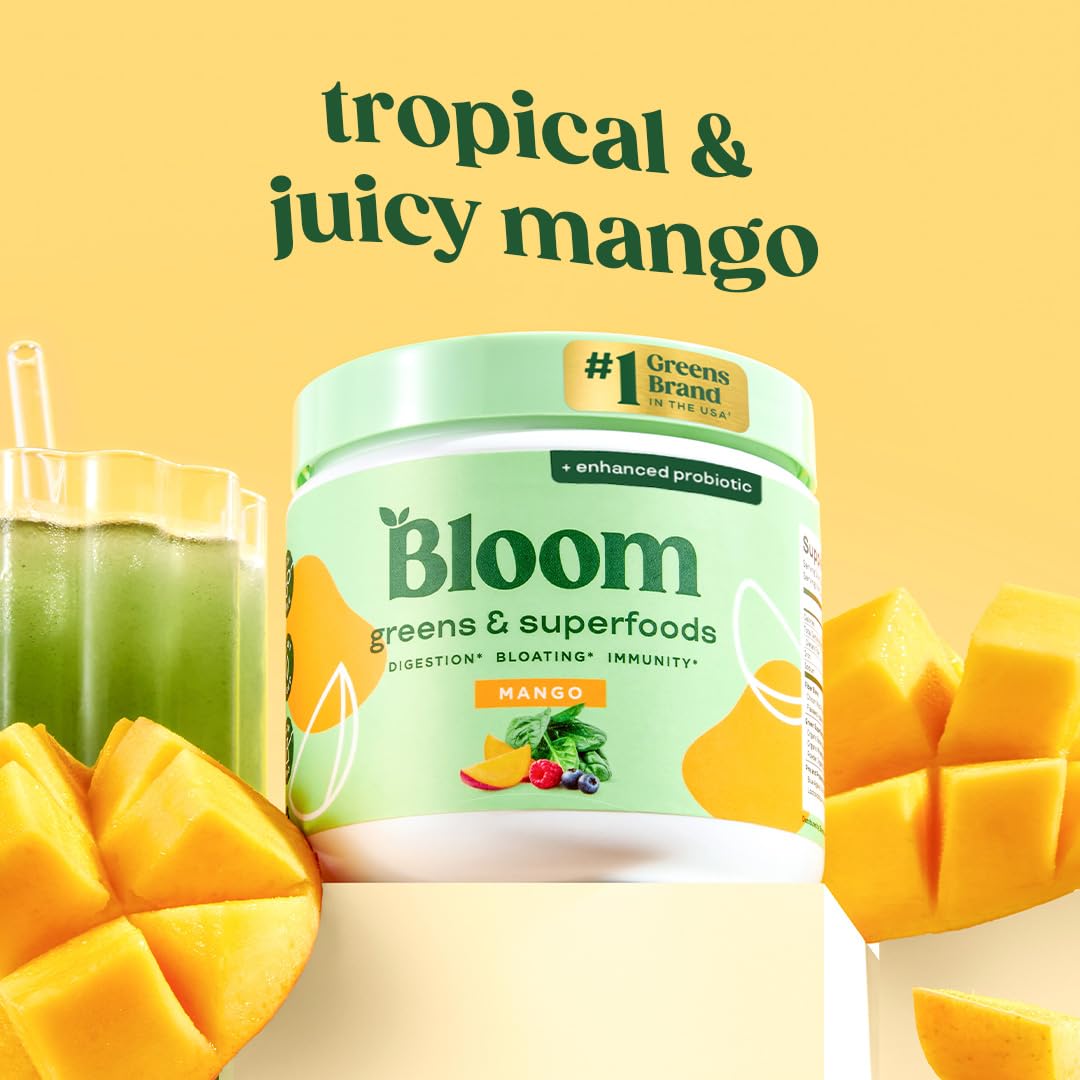 Bloom Nutrition Superfood Greens Powder, Digestive Enzymes with Probiotics and Prebiotics, Gut Health, Bloating Relief for Women, Chlorella, Green Juice Mix with Beet Root Powder, 30 SVG, Mango - FENGGESTORE20