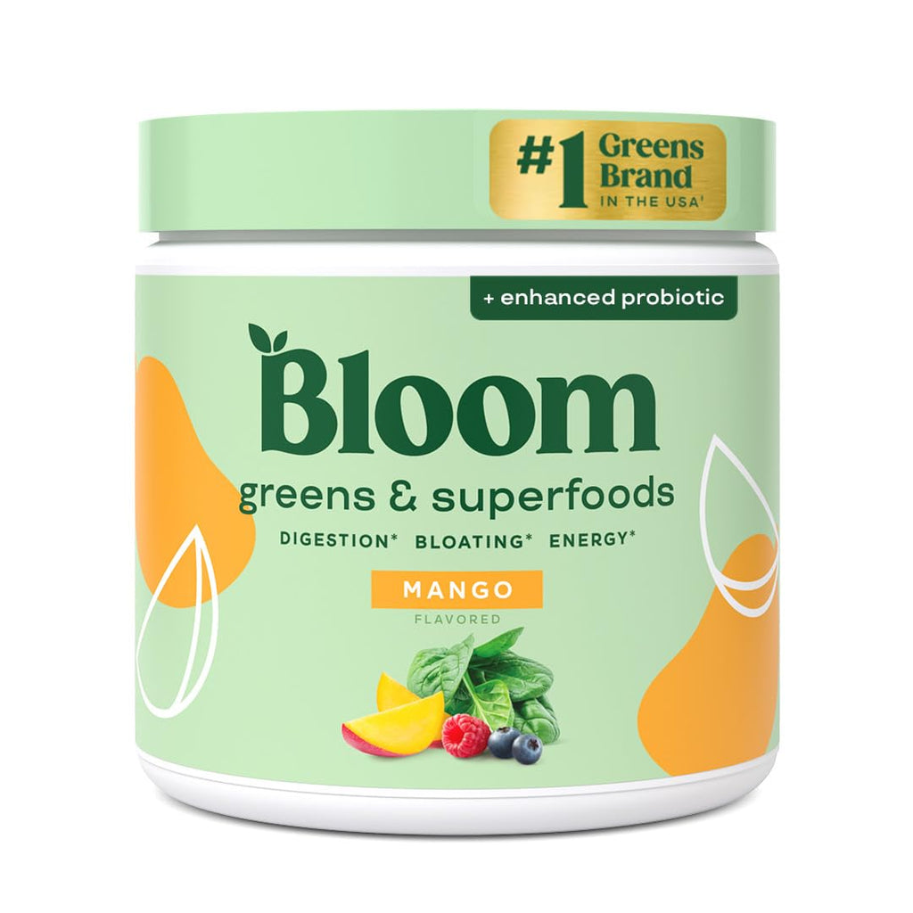 Bloom Nutrition Superfood Greens Powder, Digestive Enzymes with Probiotics and Prebiotics, Gut Health, Bloating Relief for Women, Chlorella, Green Juice Mix with Beet Root Powder, 30 SVG, Mango - FENGGESTORE20