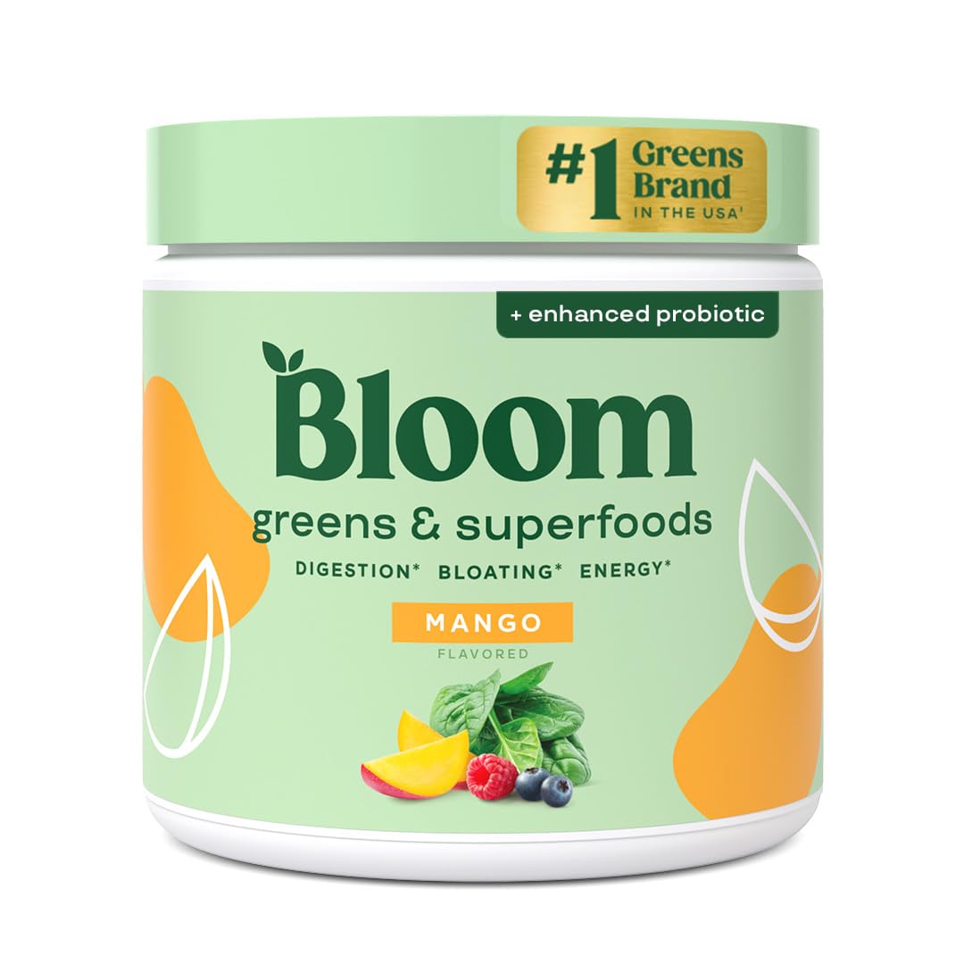 Bloom Nutrition Superfood Greens Powder, Digestive Enzymes with Probiotics and Prebiotics, Gut Health, Bloating Relief for Women, Chlorella, Green Juice Mix with Beet Root Powder, 30 SVG, Mango - FENGGESTORE20