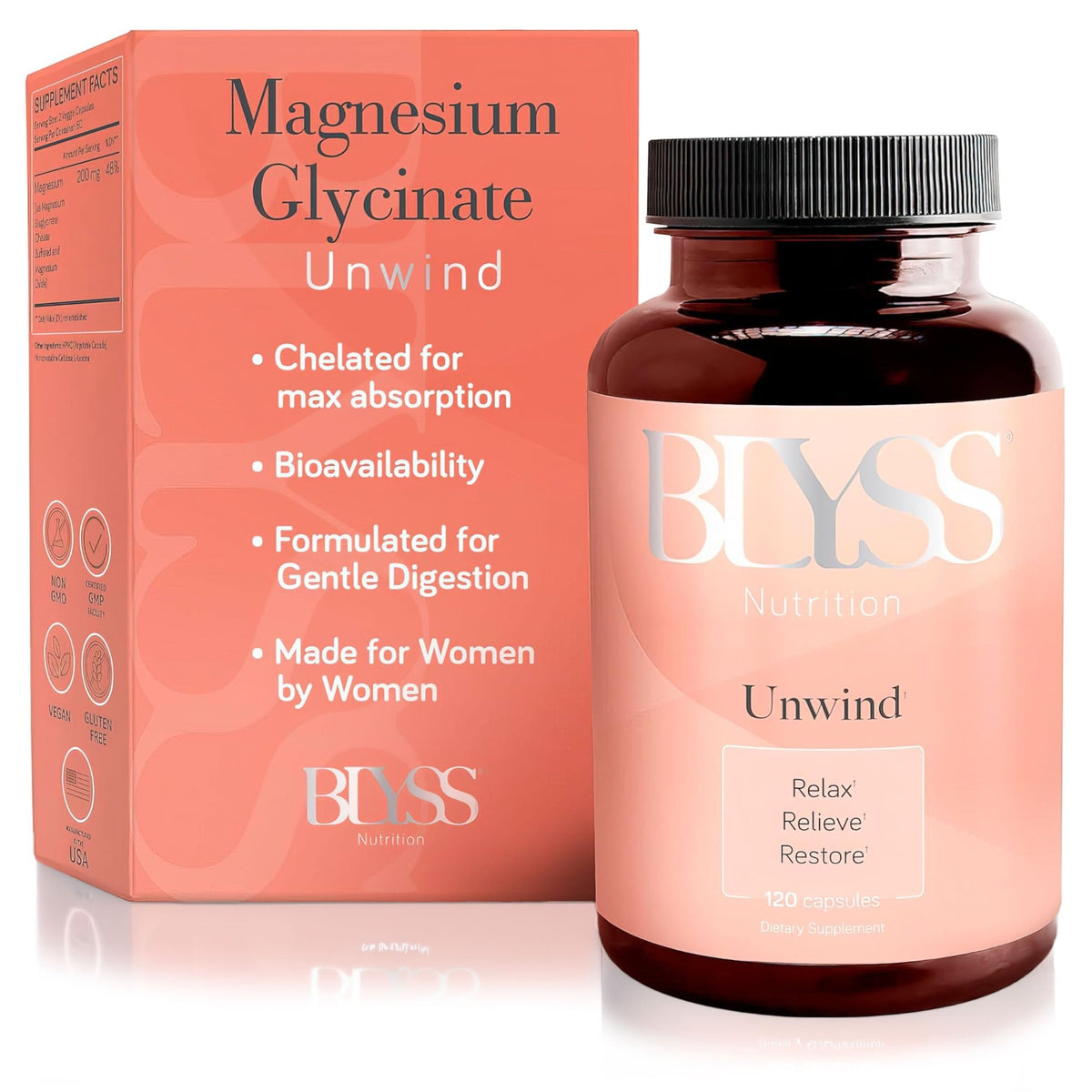 BLYSS Nutrition Magnesium Bisglycinate Capsules for Women - 200mg Chelated Glycinate Magnesium Supplement - Natural Supplements to Support Sleep, - FENGGESTORE20