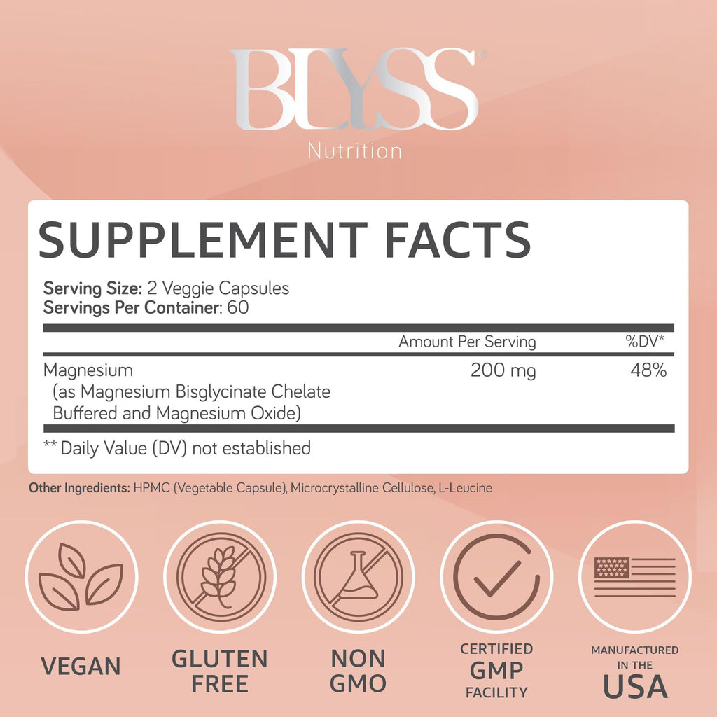 BLYSS Nutrition Magnesium Bisglycinate Capsules for Women - 200mg Chelated Glycinate Magnesium Supplement - Natural Supplements to Support Sleep, - FENGGESTORE20