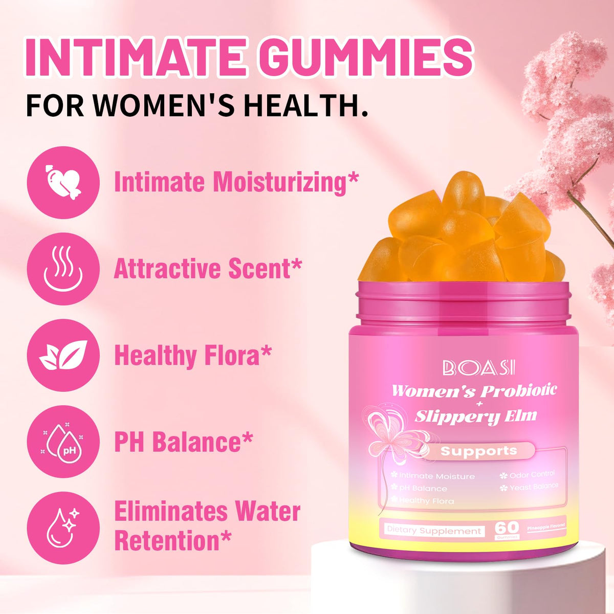 Boasi Women's Probiotics Slippery Elm Gummies,Her Juicy PH Balance,Vaginal Feminine Probiotics Pineapple Gummies,Digestive,Immune Health - FENGGESTORE20
