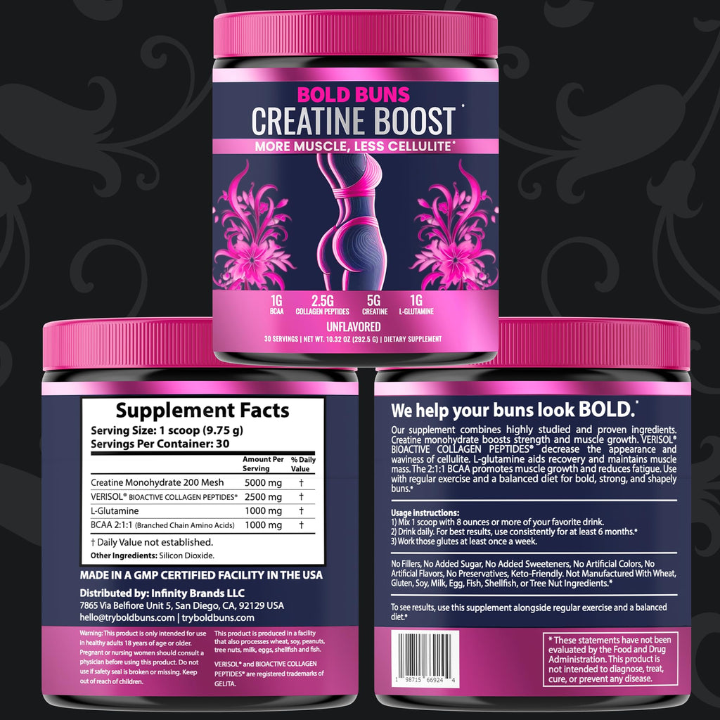 Bold Buns Creatine for Women – Booty Builder Supplement with Collagen & BCAA – Supports Muscle Development, Post-Workout Recovery, Skin Elasticity - FENGGESTORE20