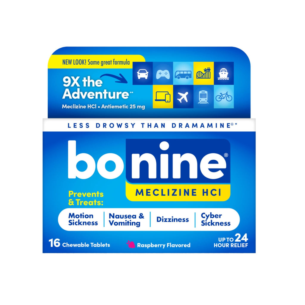 Bonine Non-Drowsy for Motion Sickness Relief, Sea Sickness, Car Sickness, Nausea, & Vomiting - Meclizine HCI 25mg, Travel-Sized - 16ct Raspberry Chewable Tablets (Packaging May Vary) - FENGGESTORE20