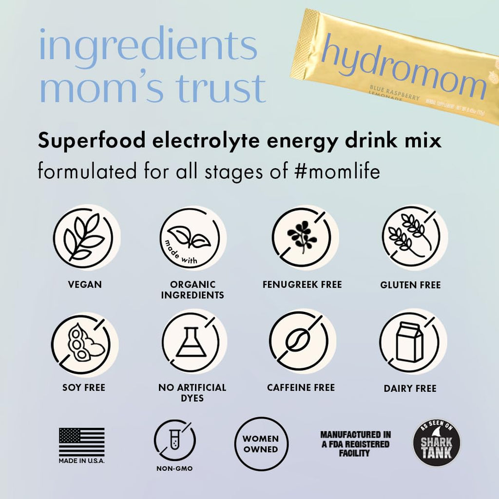 Boobie Hydromom Superfood Electrolyte Drink Mix, Blue Raspberry Lemonade | Refreshing Energy & Hydration Boost for Mamas | On-The-Go & Travel Essentials for Pregnancy, - FENGGESTORE20