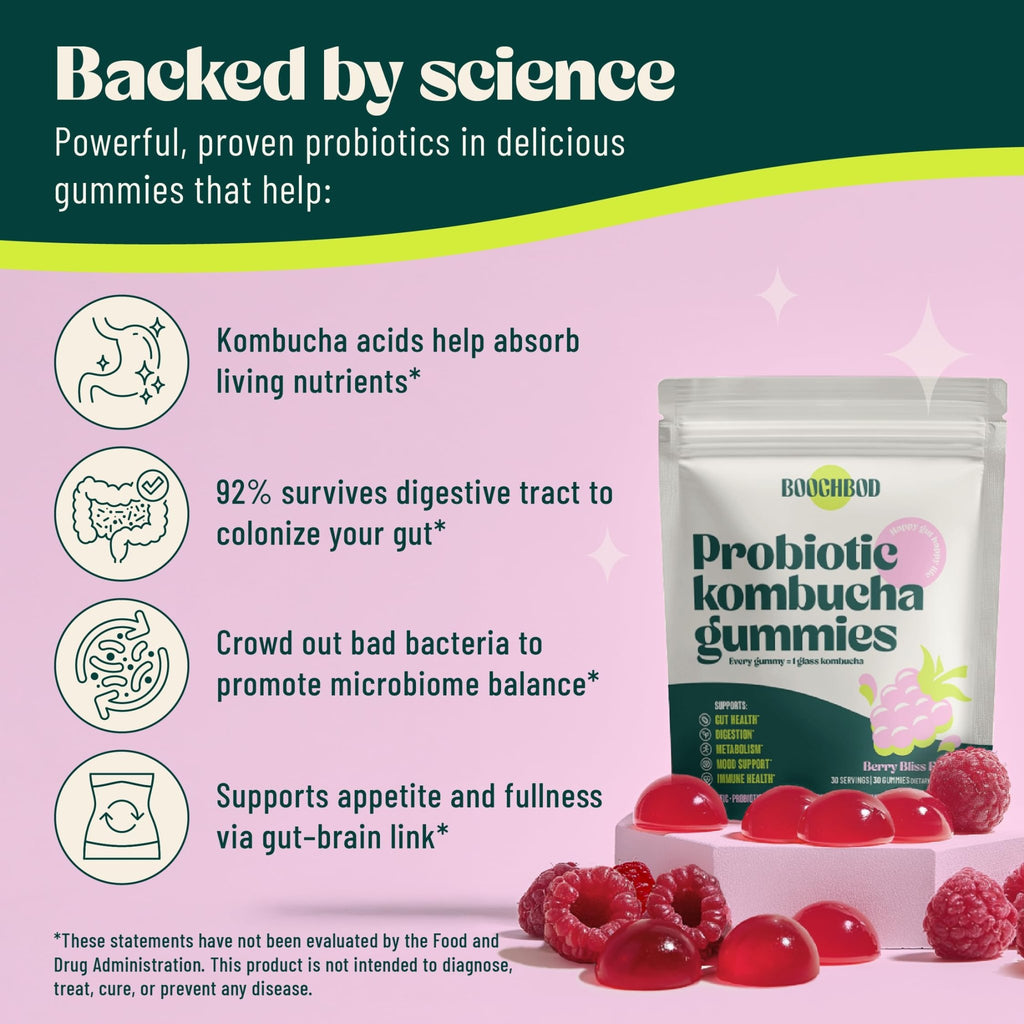 BoochBod - Probiotic Kombucha Gummy - Prebiotics, Probiotics, Postbiotics, Fiber Supplement, Slippery Elm, Dandelion Root - FENGGESTORE20
