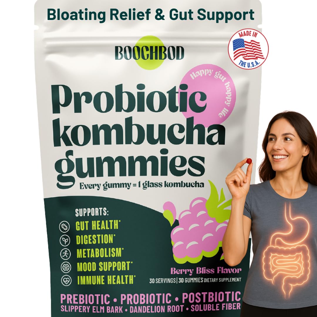 BoochBod - Probiotic Kombucha Gummy - Prebiotics, Probiotics, Postbiotics, Fiber Supplement, Slippery Elm, Dandelion Root - FENGGESTORE20