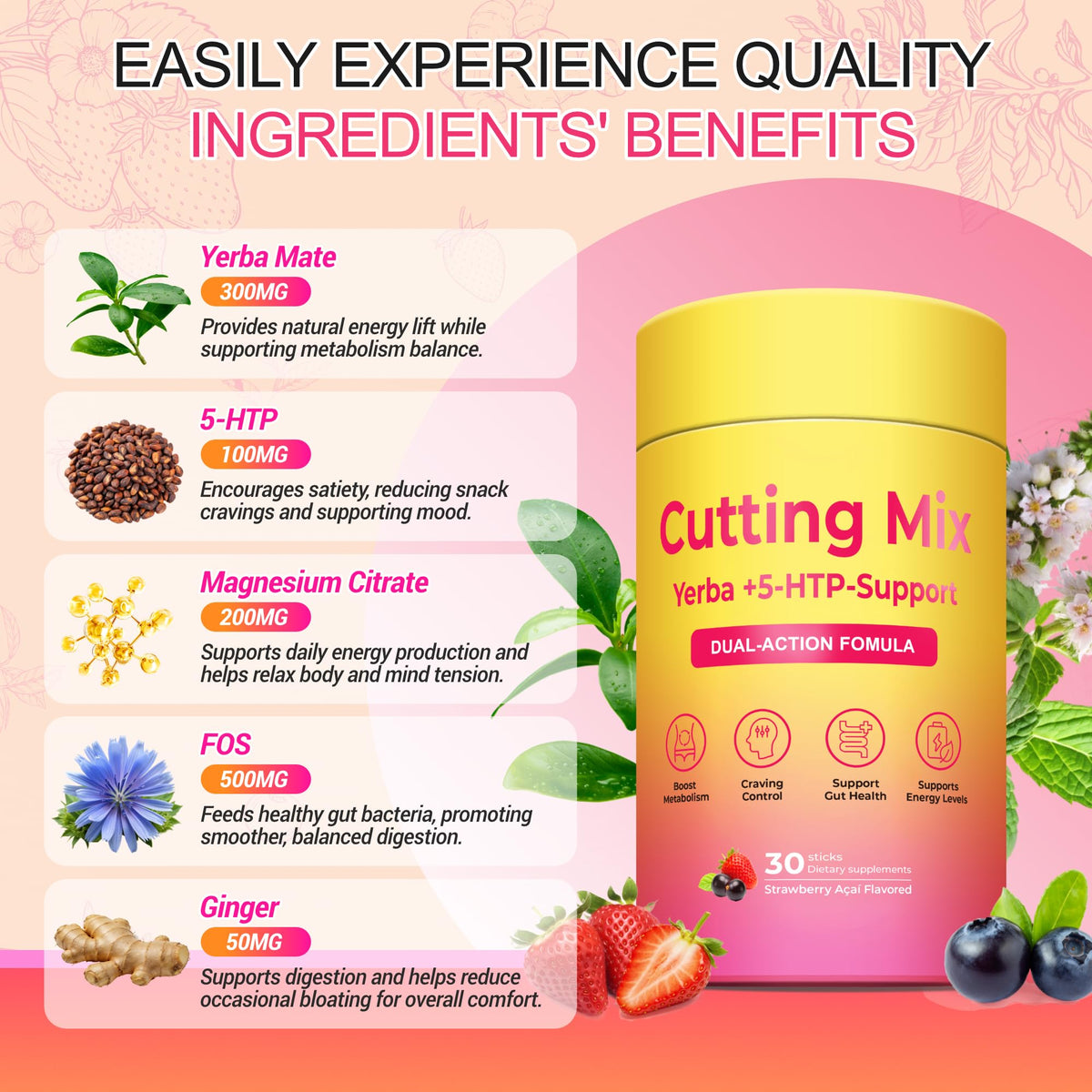 BOSNETHUINH Cutting Drink Mix – Satiety & Metabolism Support | Berberine, Chromium, FOS, Yerba Mate & 5-HTP | Gut Health & Energy - FENGGESTORE20