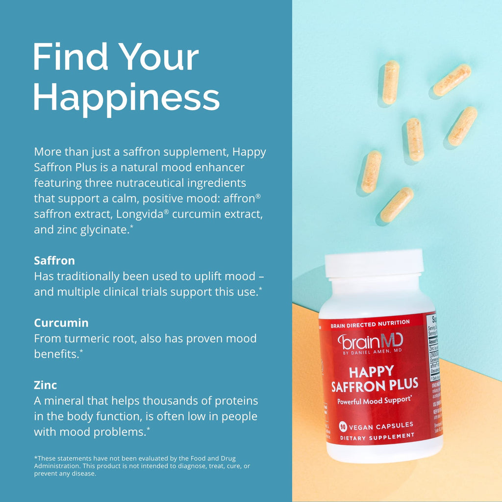 BRAINMD Dr Amen Happy Saffron Plus - 90 Capsules - with Saffron Flower Extract, Curcumin & Zinc - Vegan - FENGGESTORE20