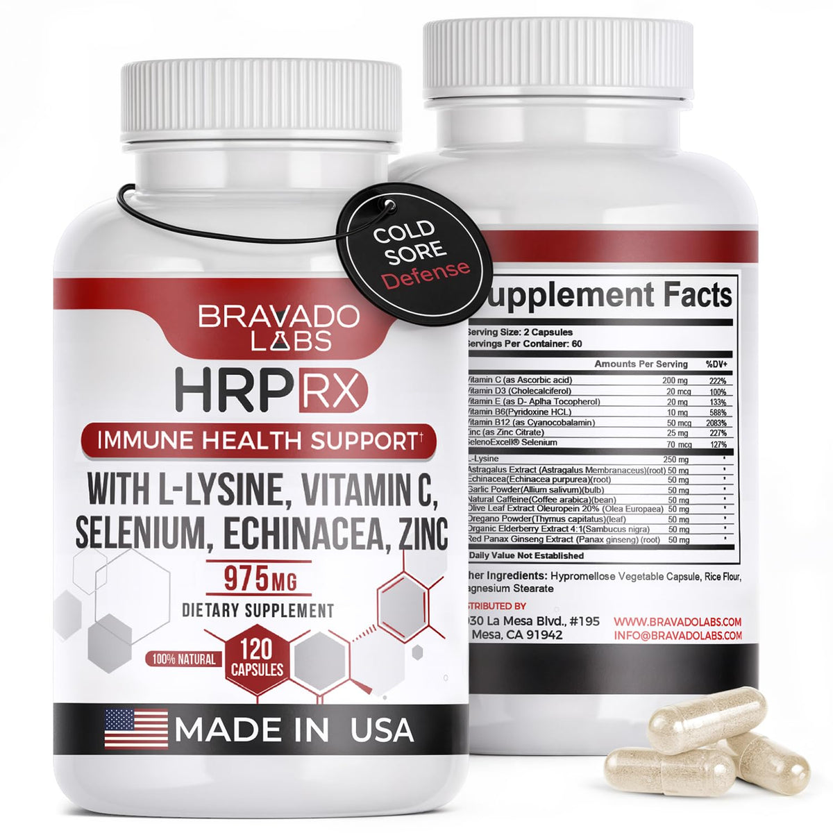 Bravado Labs L-Lysine 250mg Capsules – Immune & Cold Sore Support – Vegan, Non-GMO, Allergen-Free, 3rd-Party Tested - FENGGESTORE20