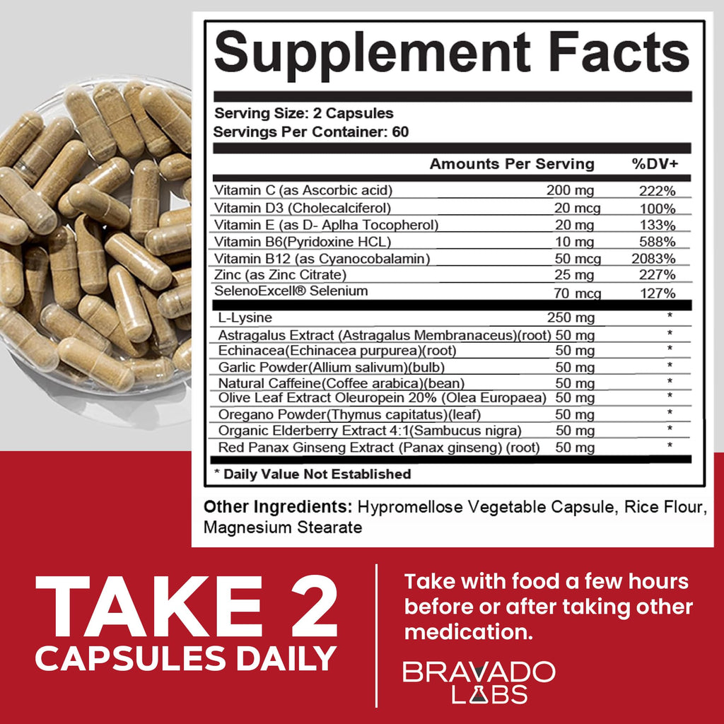 Bravado Labs L-Lysine 250mg Capsules – Immune & Cold Sore Support – Vegan, Non-GMO, Allergen-Free, 3rd-Party Tested - FENGGESTORE20