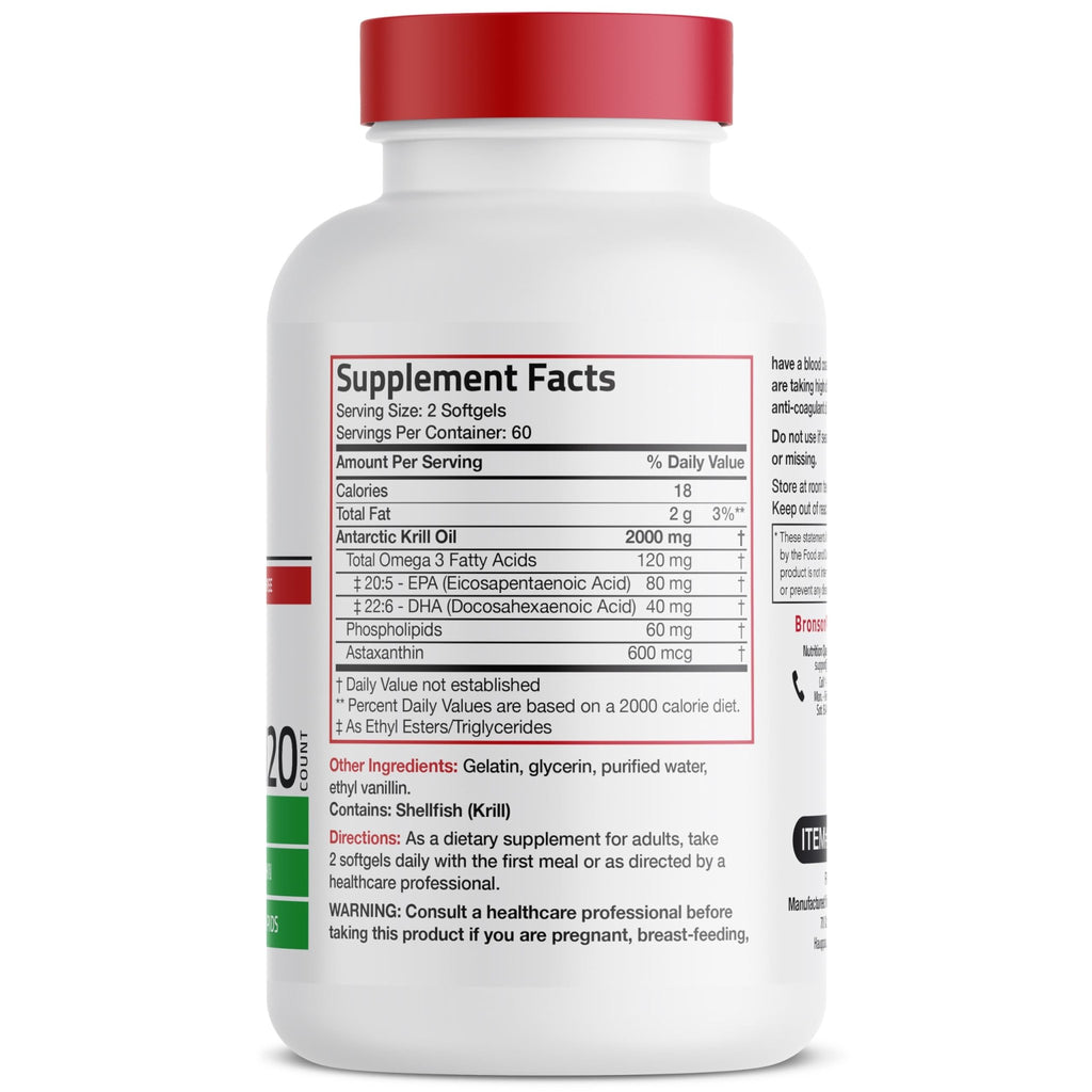 Bronson Antarctic Krill Oil 2000 mg with Omega-3s EPA, DHA, Astaxanthin and Phospholipids 120 Softgels (60 Servings) - FENGGESTORE20
