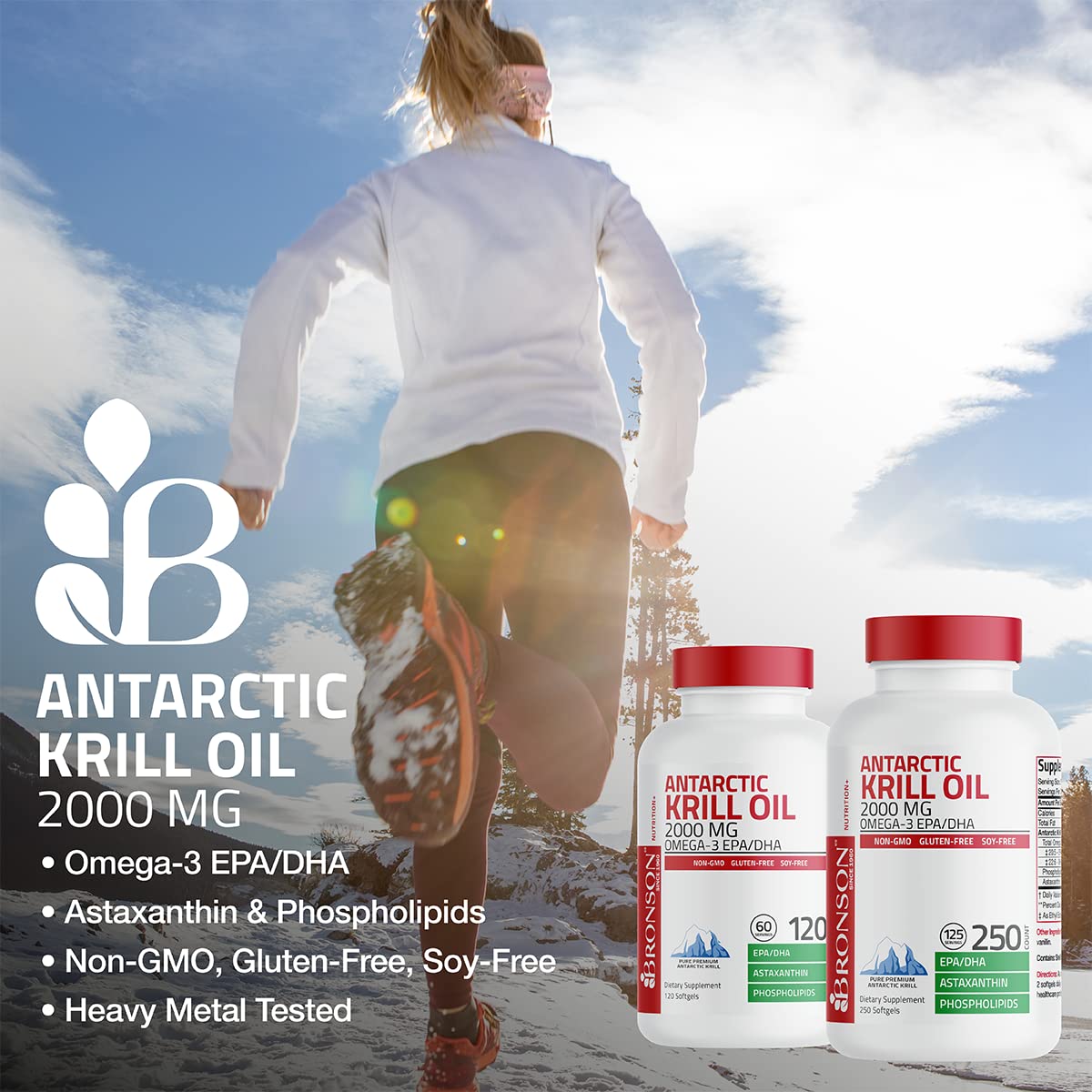 Bronson Antarctic Krill Oil 2000 mg with Omega-3s EPA, DHA, Astaxanthin and Phospholipids 120 Softgels (60 Servings) - FENGGESTORE20