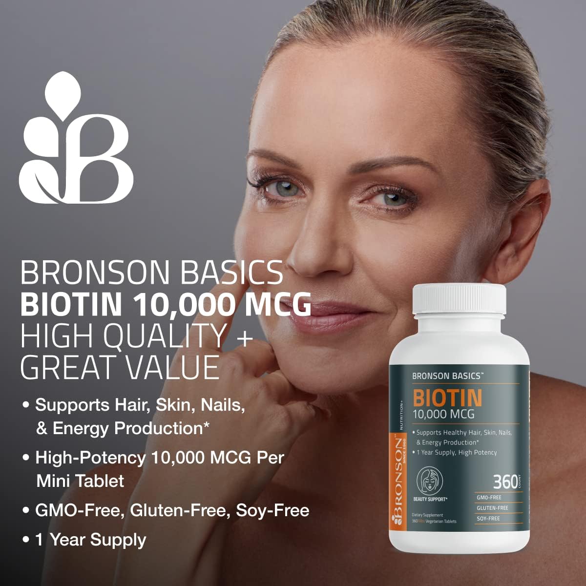 Bronson Biotin 10,000mcg, Supports Healthy Hair, Skin and Nails, Vegetarian, Non-GMO, 150 Tablets - FENGGESTORE20
