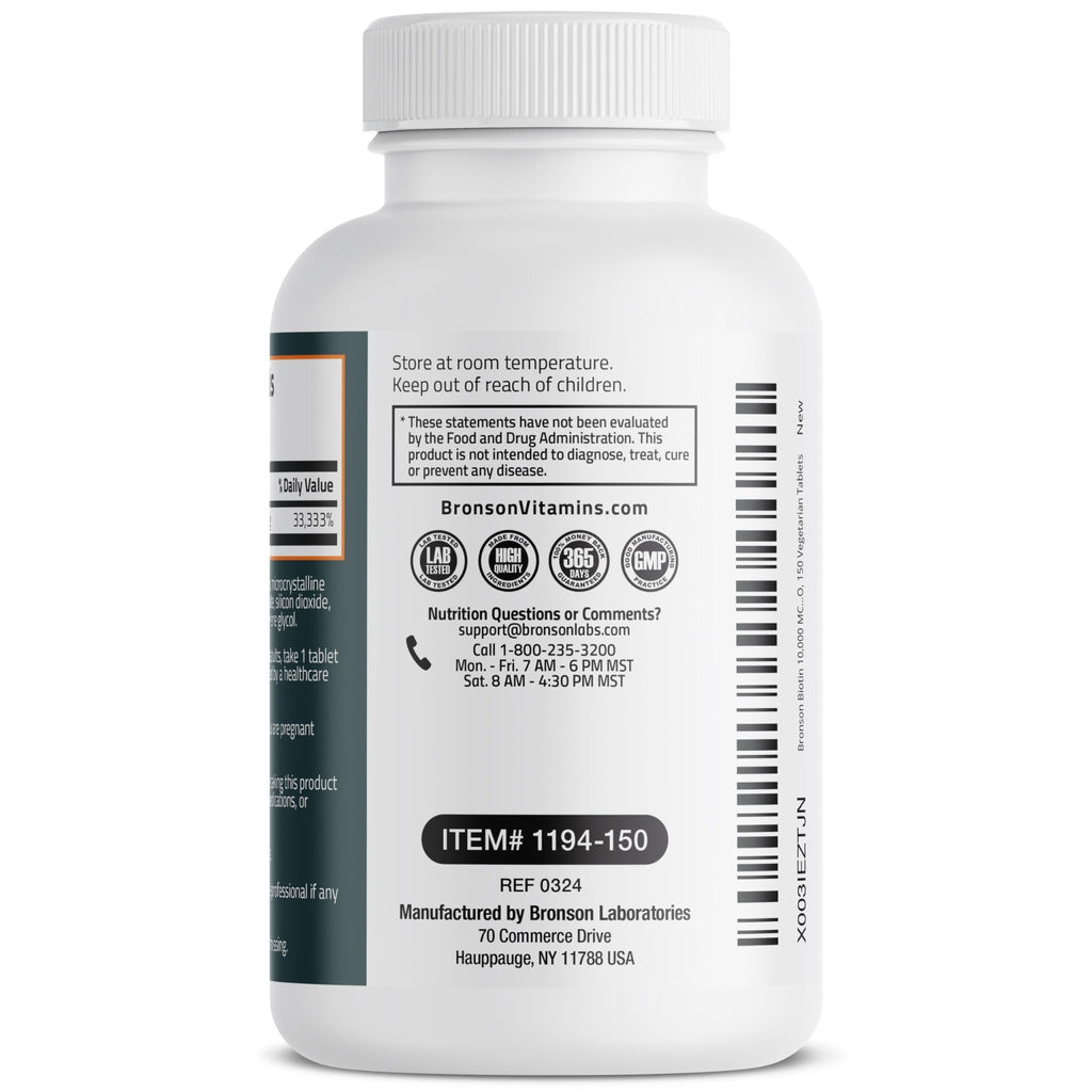 Bronson Biotin 10,000mcg, Supports Healthy Hair, Skin and Nails, Vegetarian, Non-GMO, 150 Tablets - FENGGESTORE20