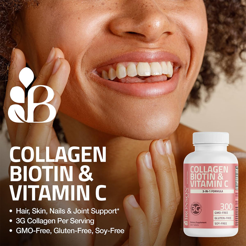 Bronson Collagen Peptides 3000mg (per Serving) with Biotin & Vitamin C - for Hair, Skin & Nails Support, Non-GMO, 90 Tablets - FENGGESTORE20