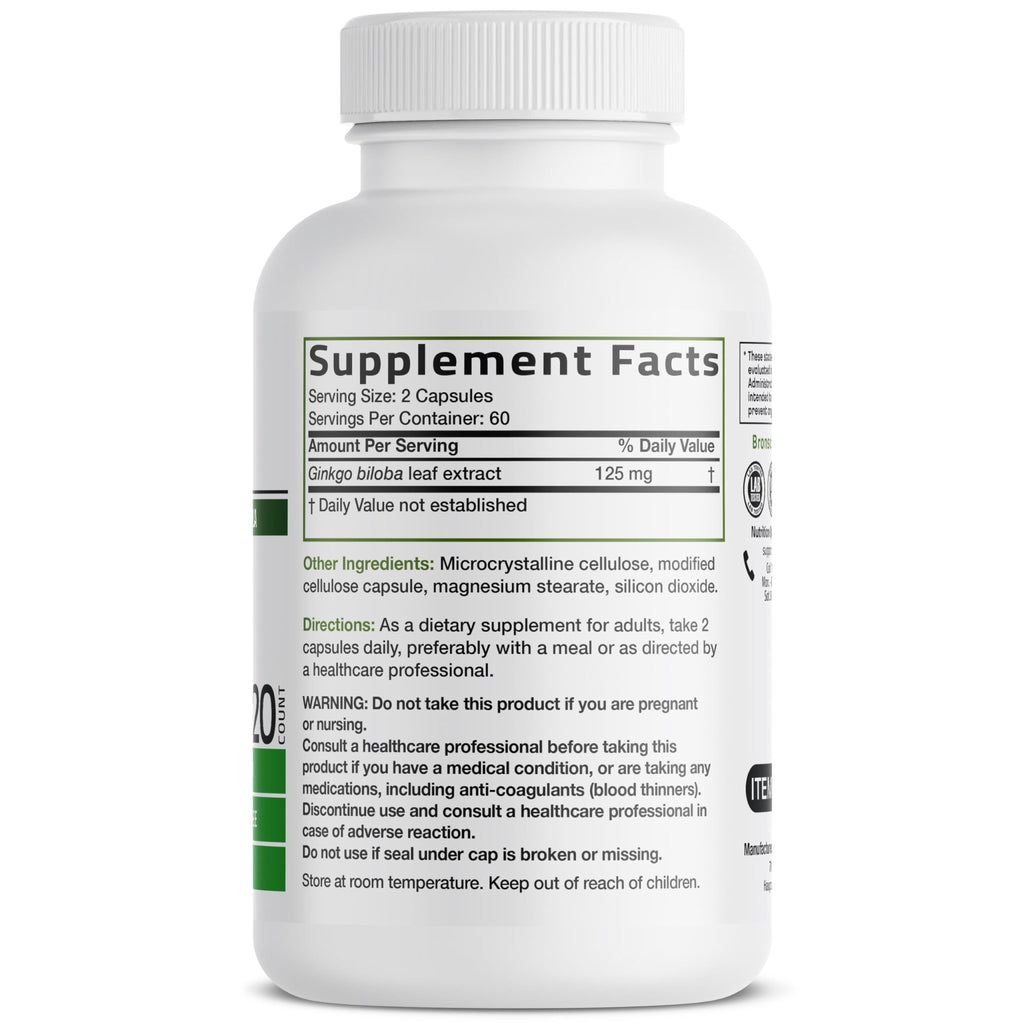 Bronson Ginkgo Biloba Extra Strength Supports Brain Function & Memory Support, 120 Vegetarian Capsules - FENGGESTORE20