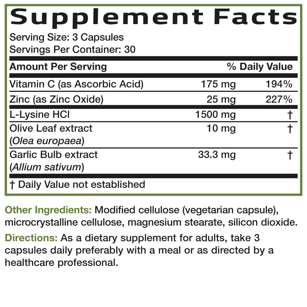 Bronson L-Lysine Defense Immune Support Complex 1500 MG L-Lysine Plus Olive Leaf, Garlic, Vitamin C and Zinc - FENGGESTORE20