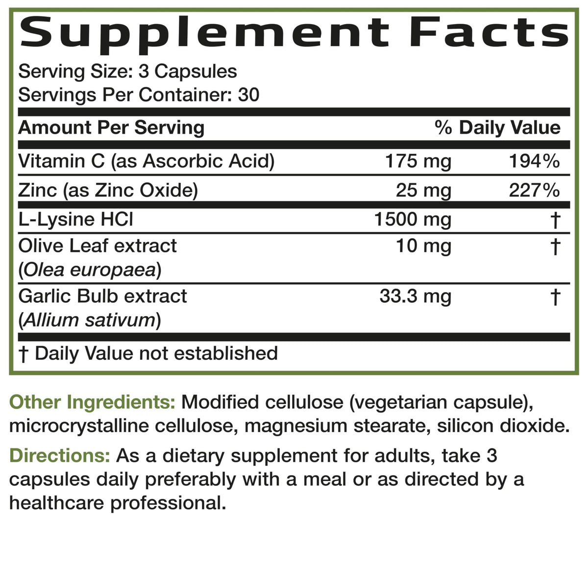 Bronson L-Lysine Defense Immune Support Complex 1500 MG L-Lysine Plus Olive Leaf, Garlic, Vitamin C and Zinc - FENGGESTORE20