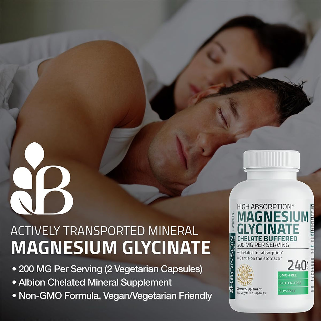 Bronson Magnesium Glycinate 200 MG per Serving Chelated for High Absorption, Gentle On Stomach, Non-GMO, 60 Vegetarian Capsules - FENGGESTORE20