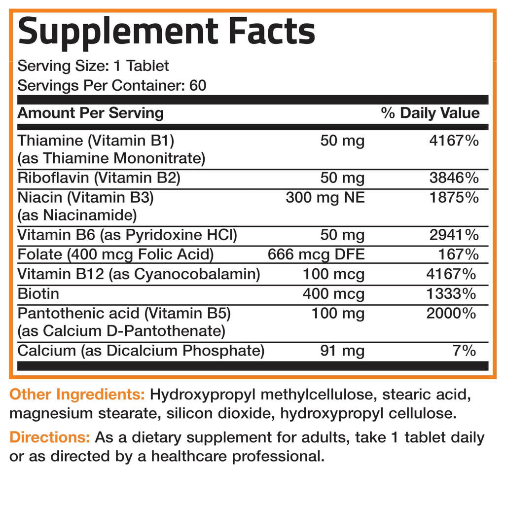 Bronson Super B Vitamin B Complex Sustained Slow Release (Vitamin B1, B2, B3, B6, B9 - Folic Acid, B12) Contains All B Vitamins 60 Tablets - FENGGESTORE20