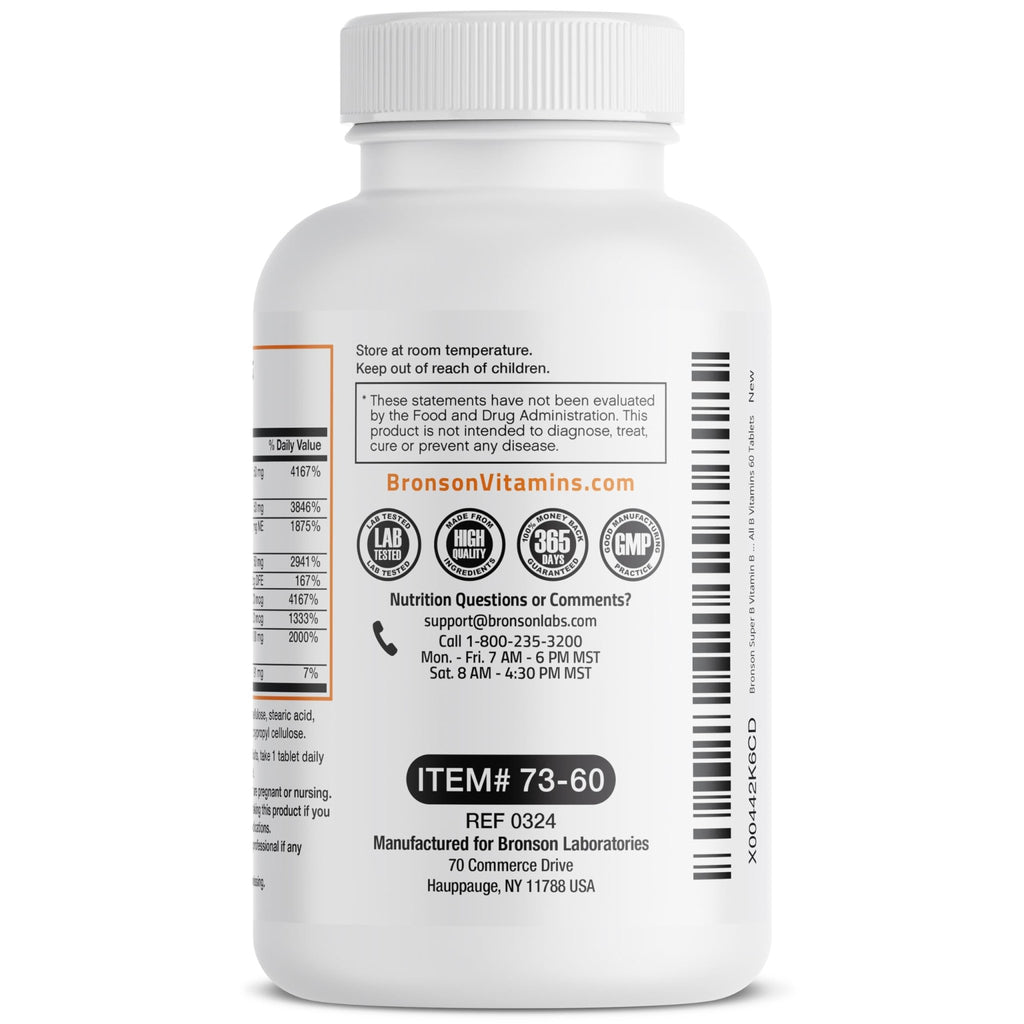 Bronson Super B Vitamin B Complex Sustained Slow Release (Vitamin B1, B2, B3, B6, B9 - Folic Acid, B12) Contains All B Vitamins 60 Tablets - FENGGESTORE20