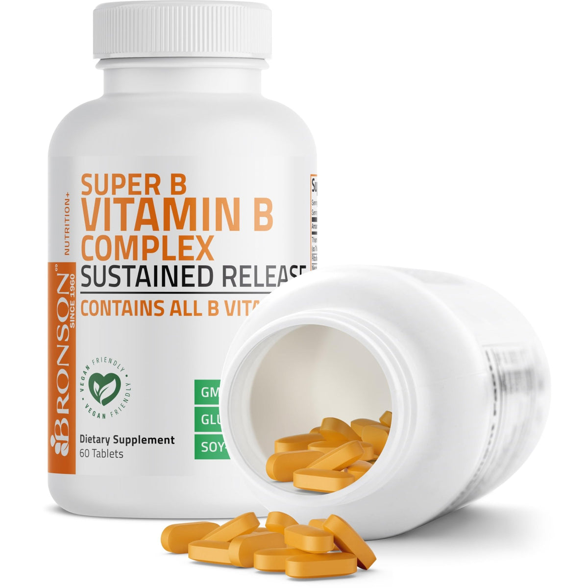 Bronson Super B Vitamin B Complex Sustained Slow Release (Vitamin B1, B2, B3, B6, B9 - Folic Acid, B12) Contains All B Vitamins 60 Tablets - FENGGESTORE20