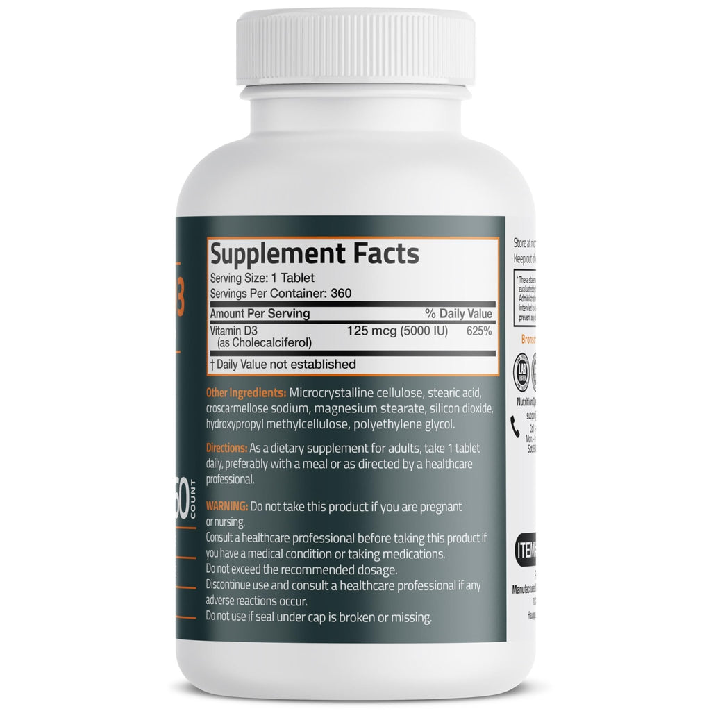 Bronson Vitamin D3 5000iu (125mcg) Healthy Muscle Function and Immune Support, Non-GMO, 360 Tablets - FENGGESTORE20