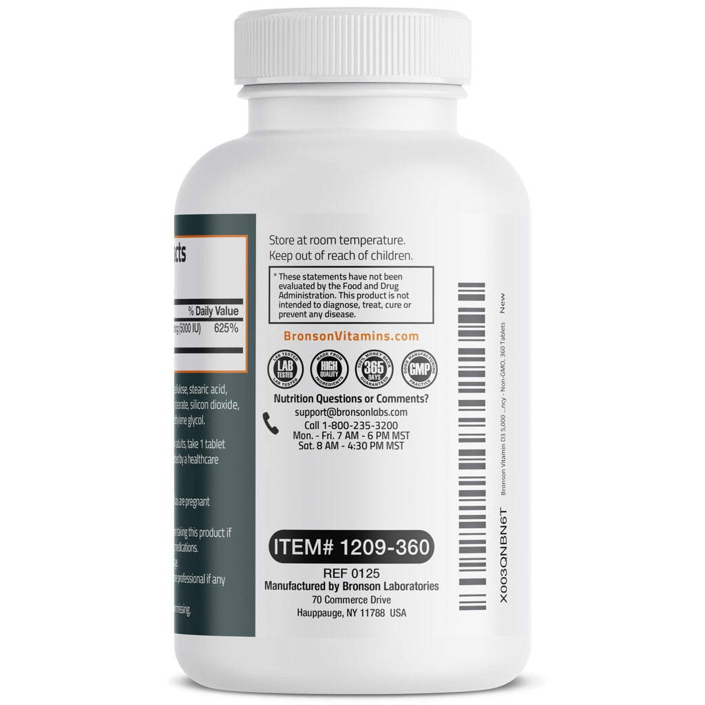 Bronson Vitamin D3 5000iu (125mcg) Healthy Muscle Function and Immune Support, Non-GMO, 360 Tablets - FENGGESTORE20