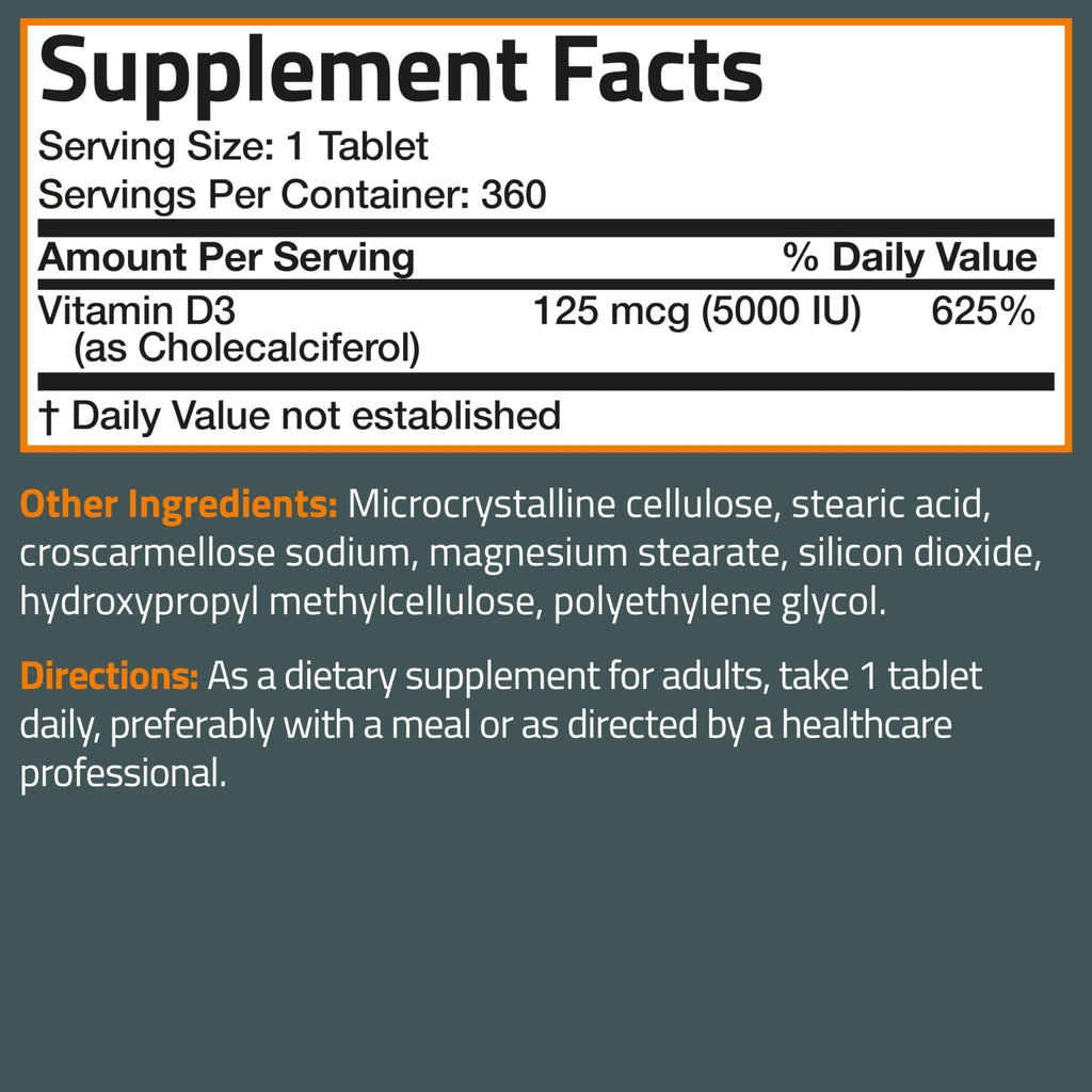 Bronson Vitamin D3 5000iu (125mcg) Healthy Muscle Function and Immune Support, Non-GMO, 360 Tablets - FENGGESTORE20