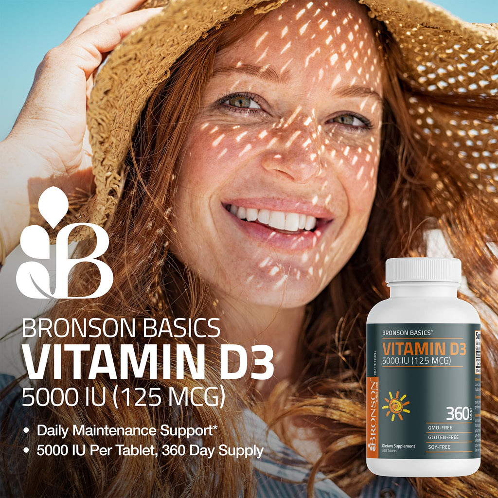 Bronson Vitamin D3 5000iu (125mcg) Healthy Muscle Function and Immune Support, Non-GMO, 360 Tablets - FENGGESTORE20
