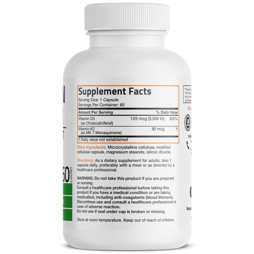 Bronson Vitamin K2 D3 (MK7) Supplement Non-GMO Formula Vitamin D3 5000IU (125 mcg) & 90 mcg K2 MK-7 - FENGGESTORE20