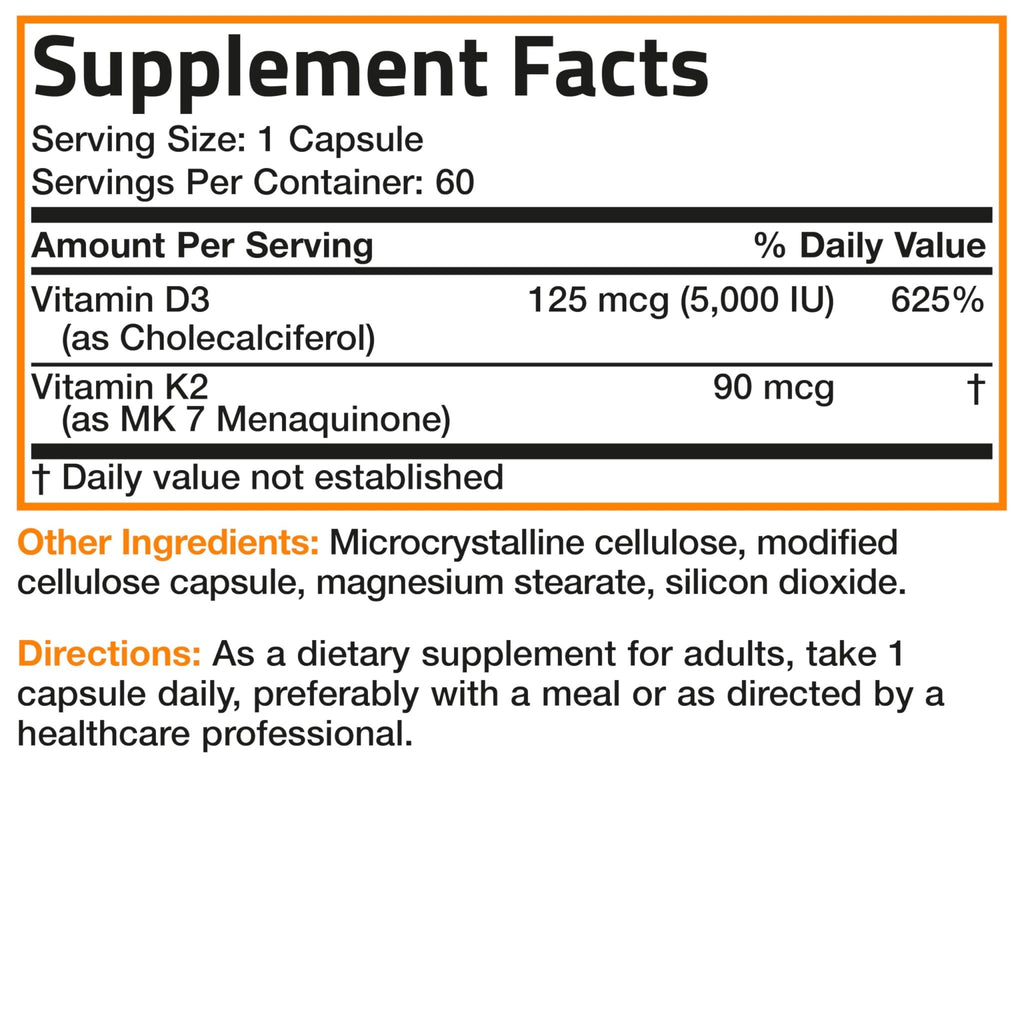 Bronson Vitamin K2 D3 (MK7) Supplement Non-GMO Formula Vitamin D3 5000IU (125 mcg) & 90 mcg K2 MK-7 - FENGGESTORE20