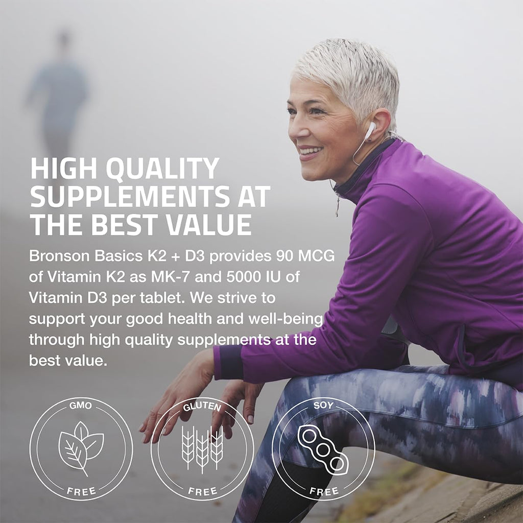Bronson Vitamin K2 D3 (MK7) Supplement Non-GMO Formula Vitamin D3 5000IU (125 mcg) & 90 mcg K2 MK-7, Easy to Swallow D - FENGGESTORE20