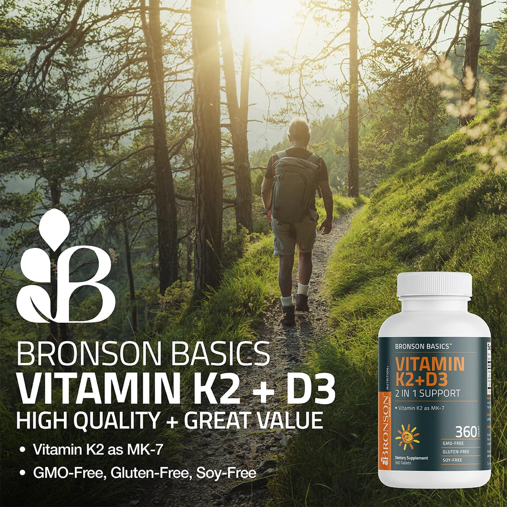 Bronson Vitamin K2 D3 (MK7) Supplement Non-GMO Formula Vitamin D3 5000IU (125 mcg) & 90 mcg K2 MK-7, Easy to Swallow D - FENGGESTORE20