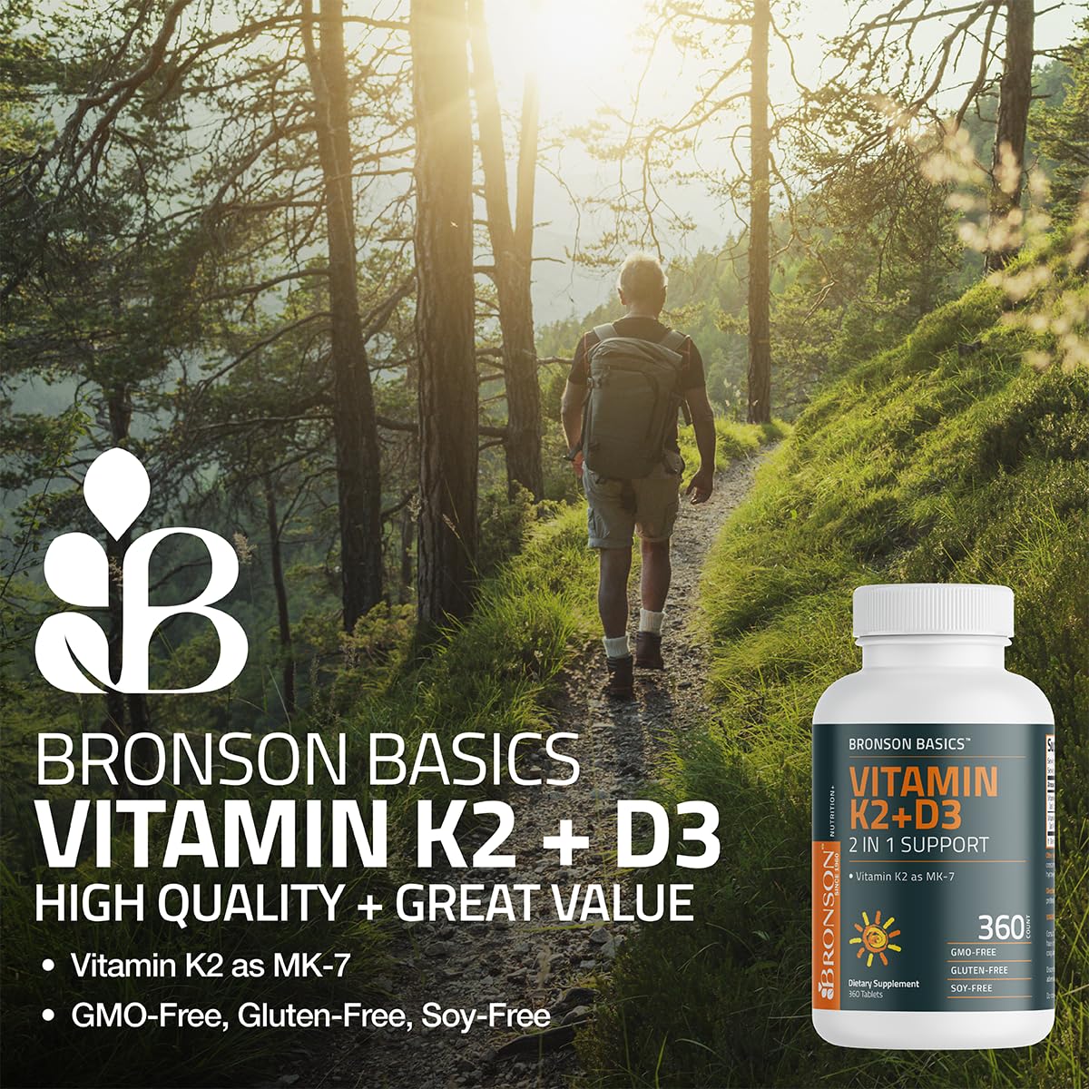 Bronson Vitamin K2 D3 (MK7) Supplement Non-GMO Formula Vitamin D3 5000IU (125 mcg) & 90 mcg K2 MK-7, Easy to Swallow D - FENGGESTORE20