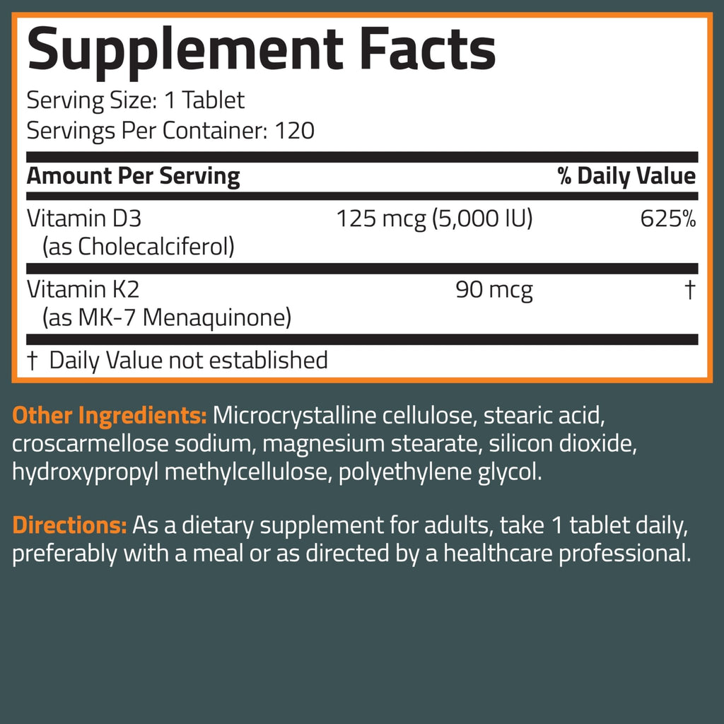 Bronson Vitamin K2 D3 (MK7) Supplement Non-GMO Formula Vitamin D3 5000IU (125 mcg) & 90 mcg K2 MK-7, Easy to Swallow D - FENGGESTORE20
