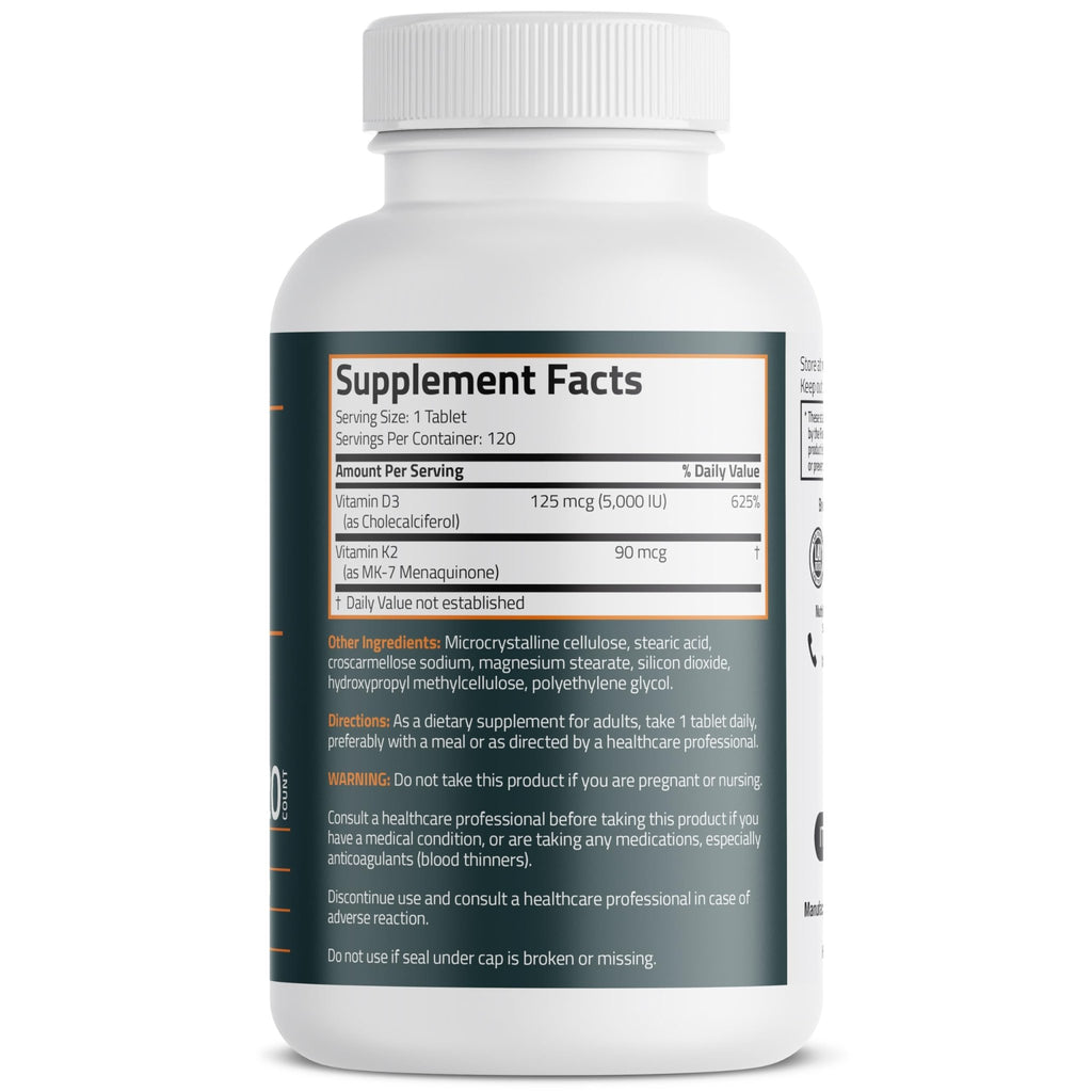 Bronson Vitamin K2 D3 (MK7) Supplement Non-GMO Formula Vitamin D3 5000IU (125 mcg) & 90 mcg K2 MK-7, Easy to Swallow D - FENGGESTORE20