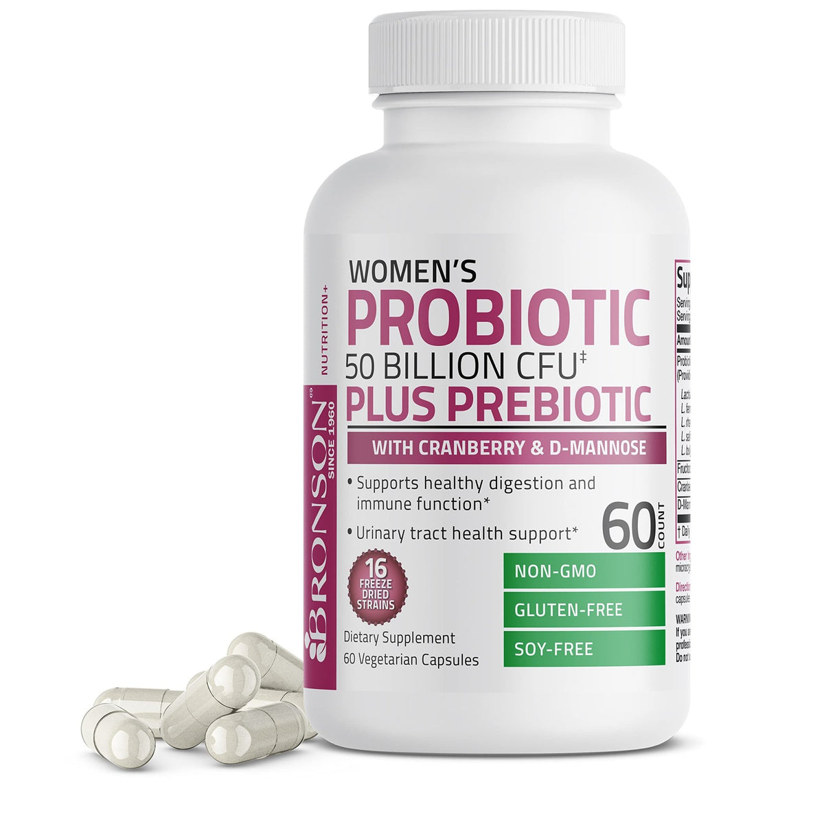 Bronson Women's Probiotic 50 Billion CFU + Prebiotic with Cranberry & D-Mannose – Vaginal Health, Healthy Digestion, Immune Function and Urinary Tract Support, Non-GMO, 60 Vegetarian Capsules - FENGGESTORE20
