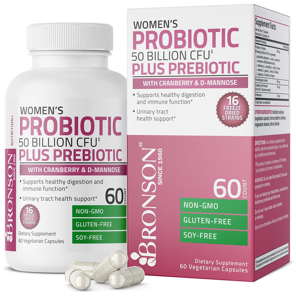 Bronson Women's Probiotic 50 Billion CFU + Prebiotic with Cranberry & D-Mannose – Vaginal Health, Healthy Digestion, Immune Function and Urinary Tract Support, Non-GMO, 60 Vegetarian Capsules - FENGGESTORE20