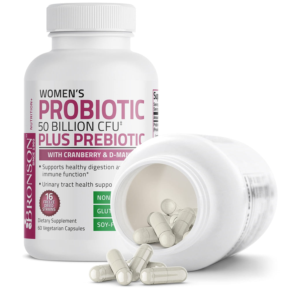 Bronson Women's Probiotic 50 Billion CFU + Prebiotic with Cranberry & D-Mannose – Vaginal Health, Healthy Digestion, Immune Function and Urinary Tract Support, Non-GMO, 60 Vegetarian Capsules - FENGGESTORE20