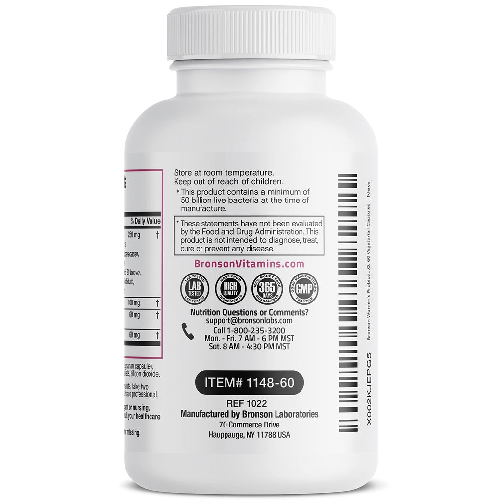 Bronson Women's Probiotic 50 Billion CFU + Prebiotic with Cranberry & D-Mannose – Vaginal Health, Healthy Digestion, Immune Function and Urinary Tract Support, Non-GMO, 60 Vegetarian Capsules - FENGGESTORE20