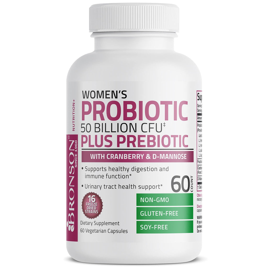 Bronson Women's Probiotic 50 Billion CFU + Prebiotic with Cranberry & D-Mannose – Vaginal Health, Healthy Digestion, Immune Function and Urinary Tract Support, Non-GMO, 60 Vegetarian Capsules - FENGGESTORE20
