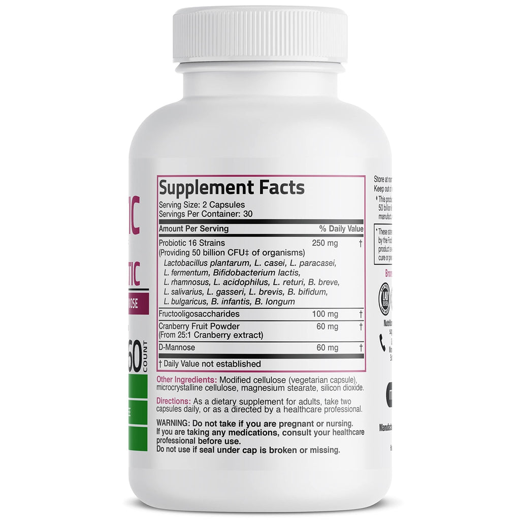 Bronson Women's Probiotic 50 Billion CFU + Prebiotic with Cranberry & D-Mannose – Vaginal Health, Healthy Digestion, Immune Function and Urinary Tract Support, Non-GMO, 60 Vegetarian Capsules - FENGGESTORE20